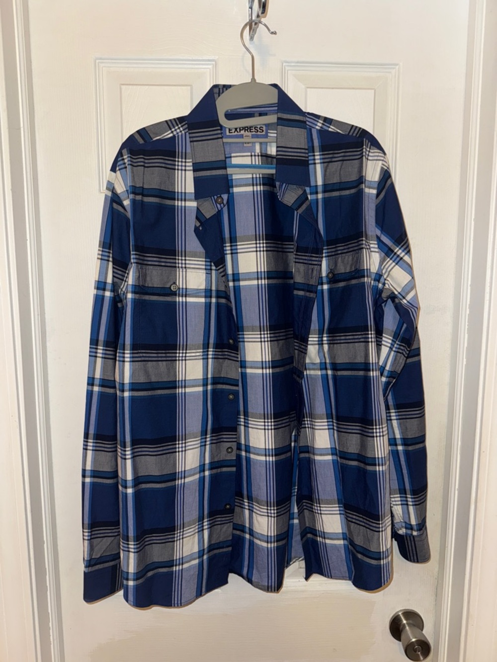 Express Men’s Blue Plaid Button-Up Shirt Size Medium